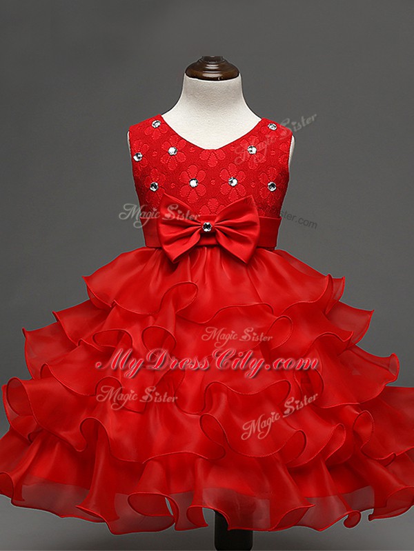 Knee Length Red Flower Girl Dresses Organza Sleeveless Lace and Ruffled Layers and Bowknot