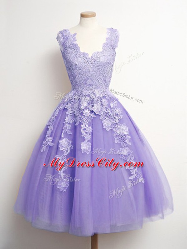 Customized Lavender A-line Tulle V-neck Sleeveless Appliques Knee Length Lace Up Bridesmaids Dress