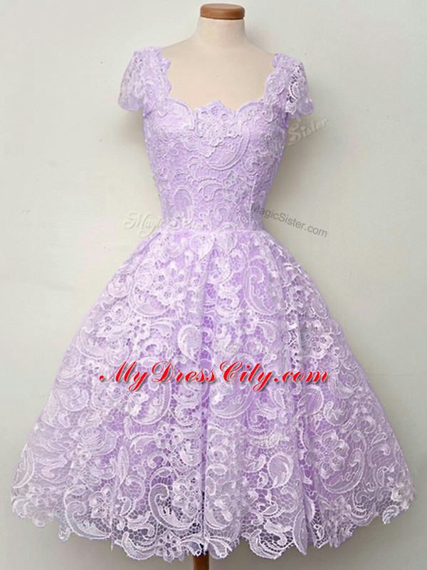 Knee Length A-line Cap Sleeves Lavender Bridesmaid Dresses Lace Up