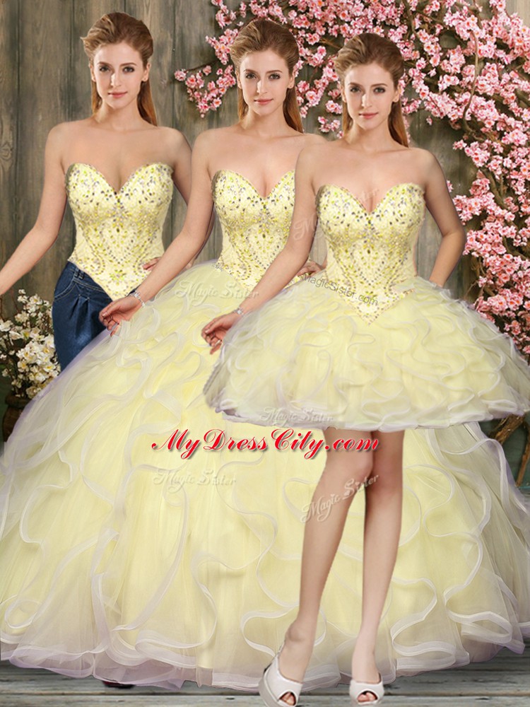 Light Yellow Tulle Lace Up Sweetheart Sleeveless Floor Length Quinceanera Gown Beading and Ruffles