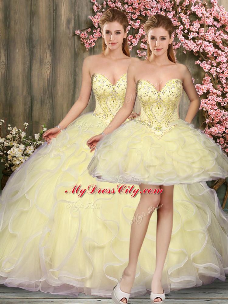 Light Yellow Tulle Lace Up Sweetheart Sleeveless Floor Length Quinceanera Gown Beading and Ruffles