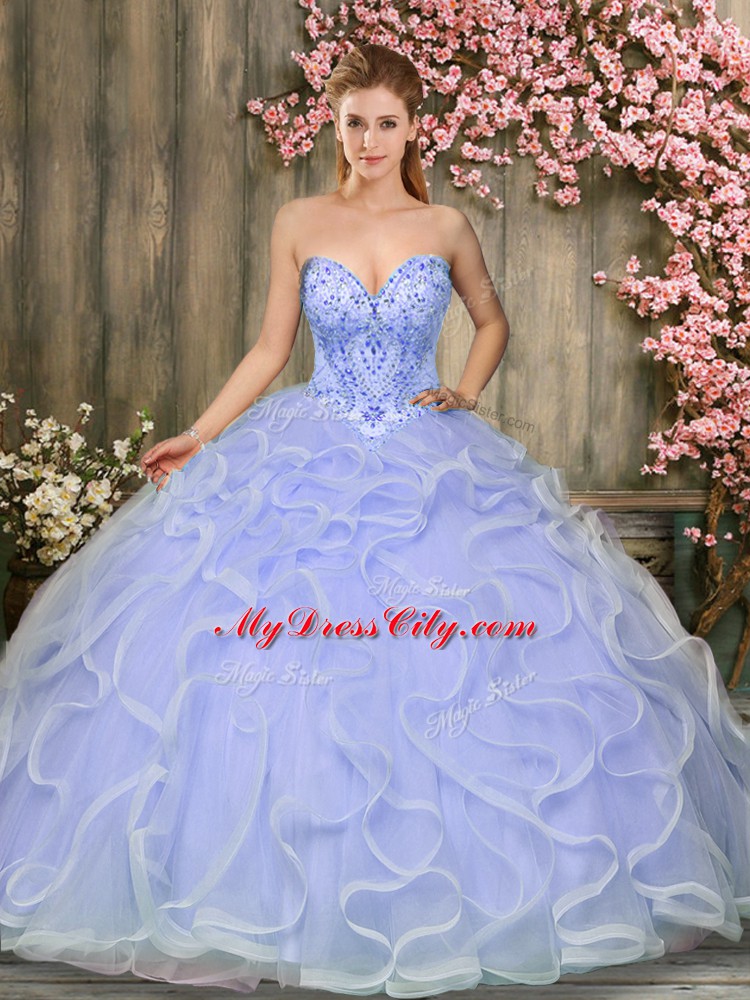 Lavender Quinceanera Gown Military Ball and Sweet 16 and Quinceanera with Beading and Ruffles Sweetheart Sleeveless Lace Up