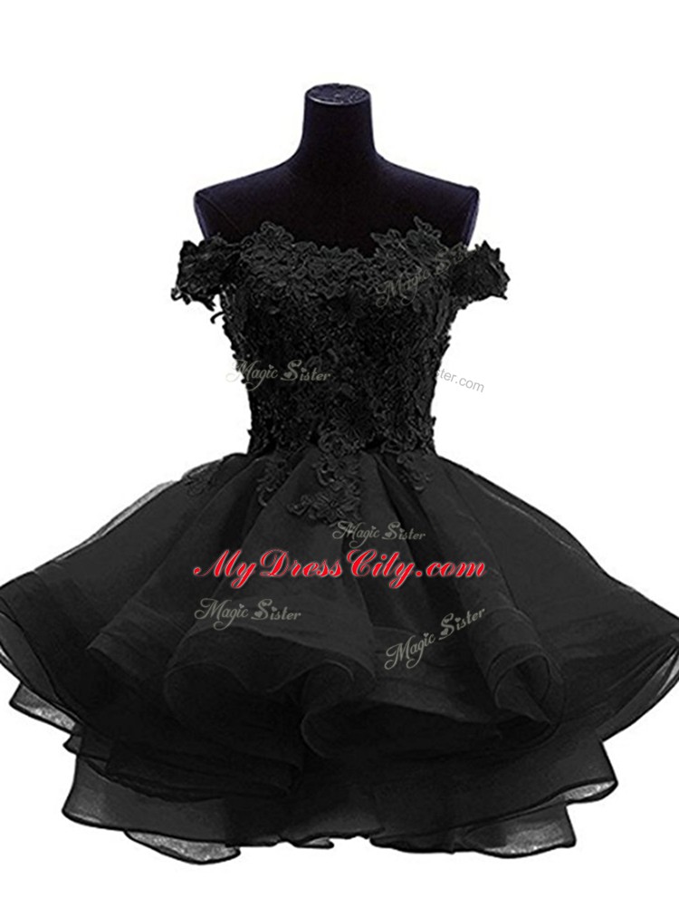 A-line Prom Evening Gown Black Off The Shoulder Organza Sleeveless Mini Length Zipper