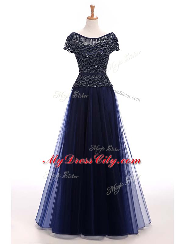 Navy Blue A-line Beading Evening Party Dresses Lace Up Tulle Short Sleeves Floor Length