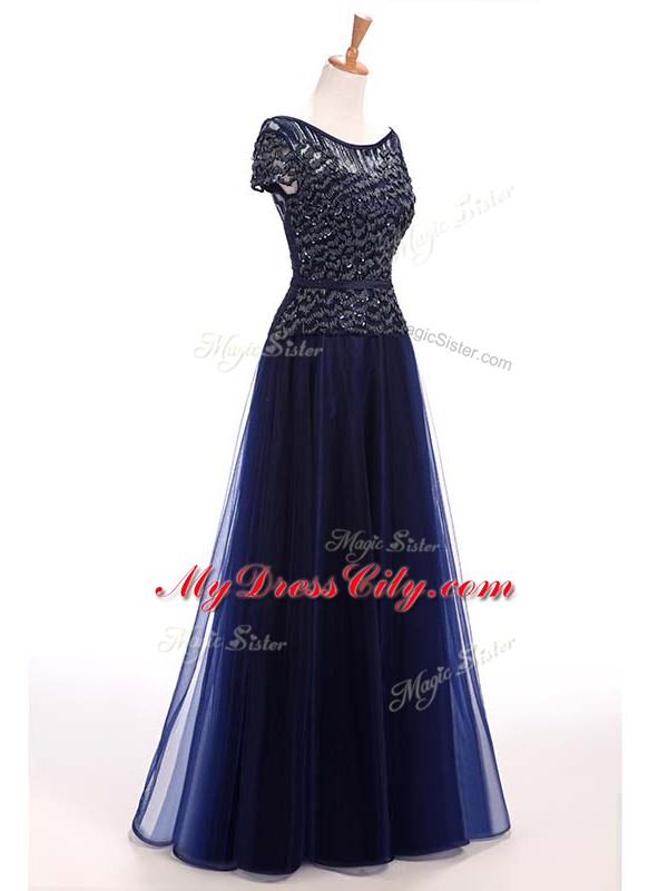 Navy Blue A-line Beading Evening Party Dresses Lace Up Tulle Short Sleeves Floor Length