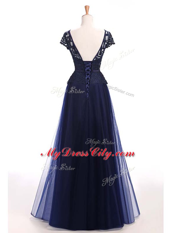 Navy Blue A-line Beading Evening Party Dresses Lace Up Tulle Short Sleeves Floor Length