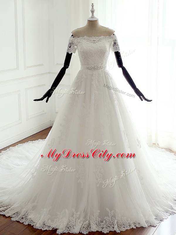 Sumptuous Sleeveless Lace Lace Up Bridal Gown with White Court Train