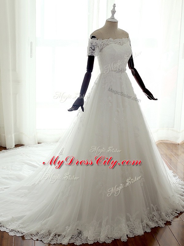 Sumptuous Sleeveless Lace Lace Up Bridal Gown with White Court Train