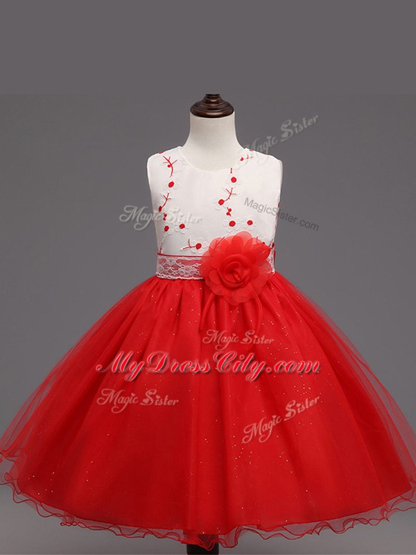 Knee Length Ball Gowns Sleeveless Red Flower Girl Dresses Zipper