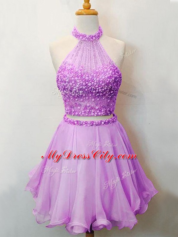 Halter Top Sleeveless Organza Wedding Party Dress Beading Lace Up