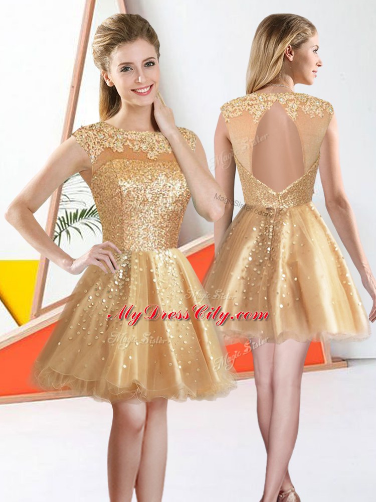 Best Champagne Backless Bateau Beading and Lace Bridesmaid Gown Organza Sleeveless