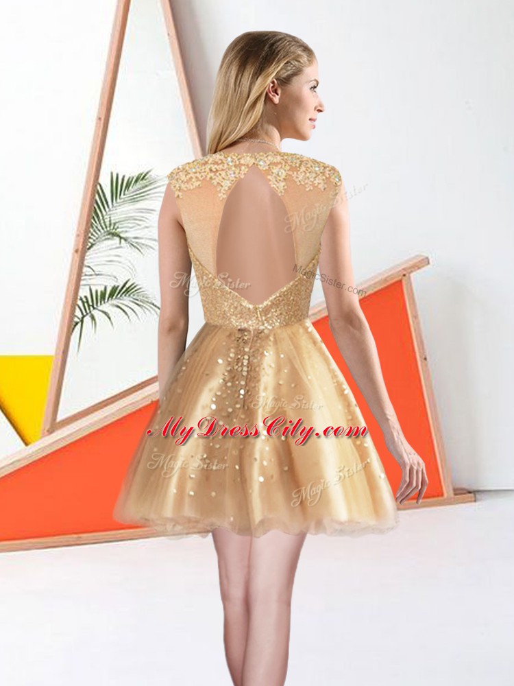 Best Champagne Backless Bateau Beading and Lace Bridesmaid Gown Organza Sleeveless