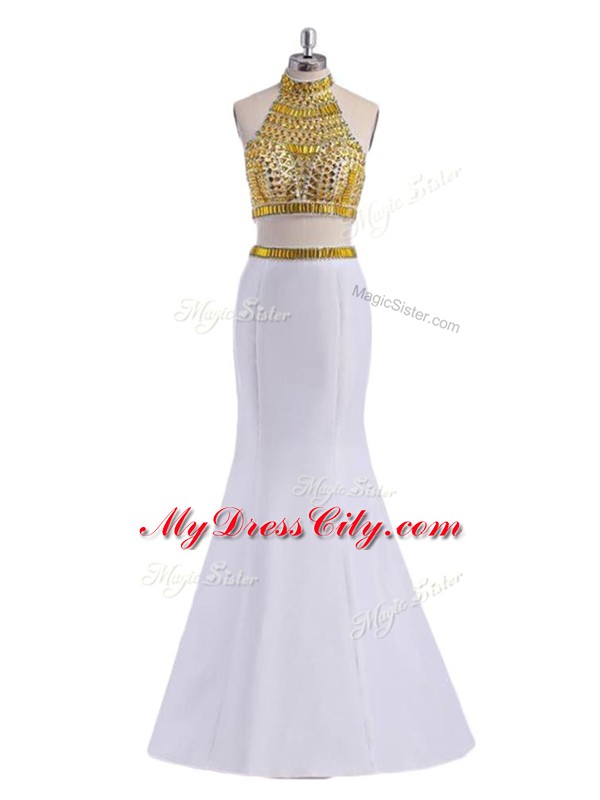 Dramatic White Sleeveless Floor Length Beading Lace Up Prom Dress