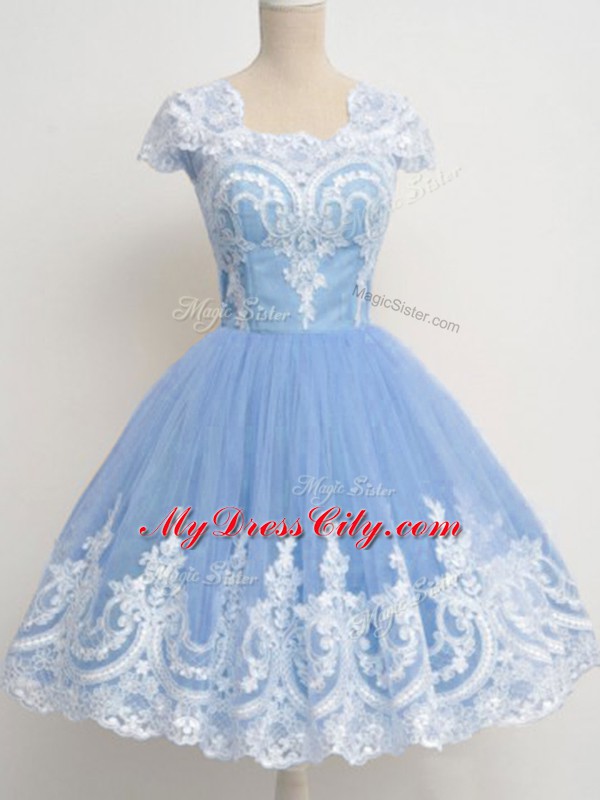 Classical Light Blue Cap Sleeves Tulle Zipper Bridesmaid Dresses for Prom and Party and Wedding Party