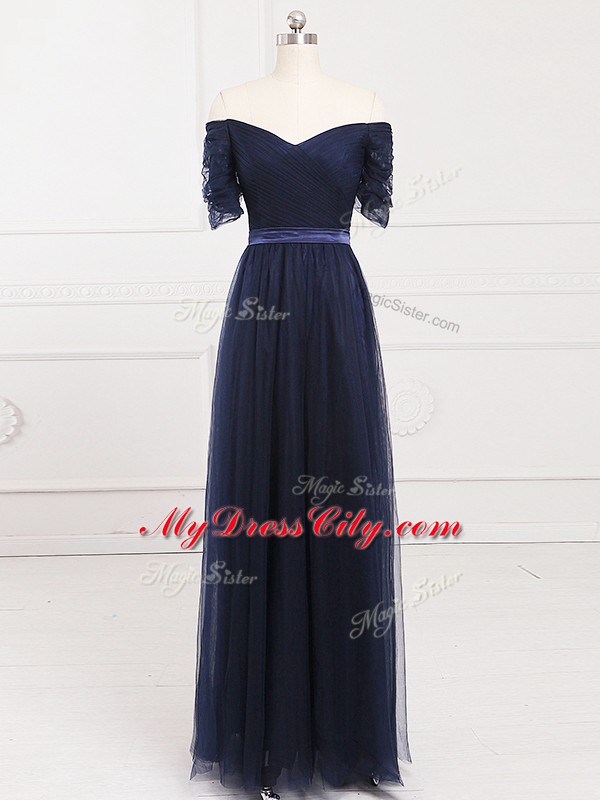 Vintage Navy Blue Empire Tulle Off The Shoulder Short Sleeves Ruching Floor Length Lace Up Dama Dress for Quinceanera