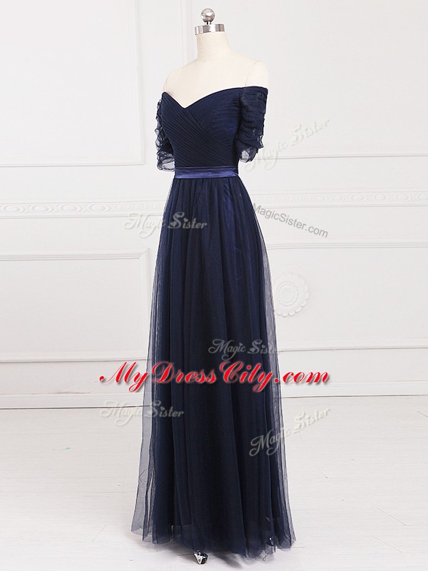 Vintage Navy Blue Empire Tulle Off The Shoulder Short Sleeves Ruching Floor Length Lace Up Dama Dress for Quinceanera