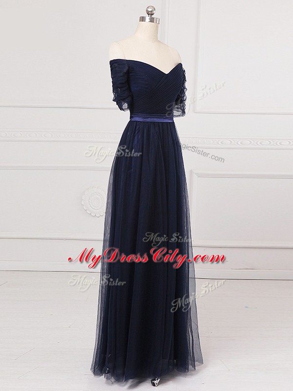 Vintage Navy Blue Empire Tulle Off The Shoulder Short Sleeves Ruching Floor Length Lace Up Dama Dress for Quinceanera