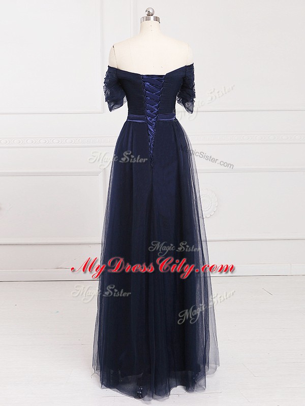 Vintage Navy Blue Empire Tulle Off The Shoulder Short Sleeves Ruching Floor Length Lace Up Dama Dress for Quinceanera