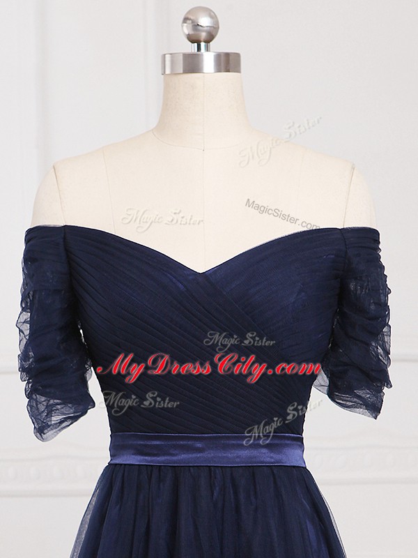 Vintage Navy Blue Empire Tulle Off The Shoulder Short Sleeves Ruching Floor Length Lace Up Dama Dress for Quinceanera