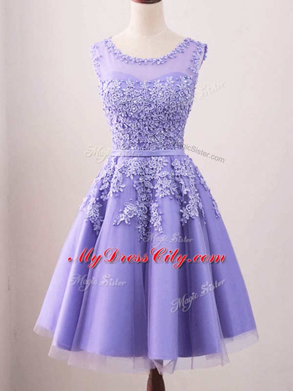 Knee Length Lace Up Bridesmaid Gown Lavender for Prom and Party and Wedding Party with Lace