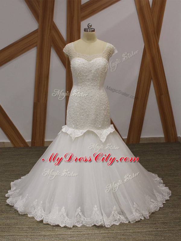 White Cap Sleeves Brush Train Beading and Appliques Wedding Dresses