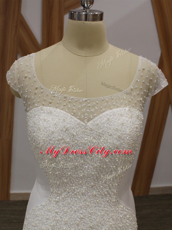 White Cap Sleeves Brush Train Beading and Appliques Wedding Dresses