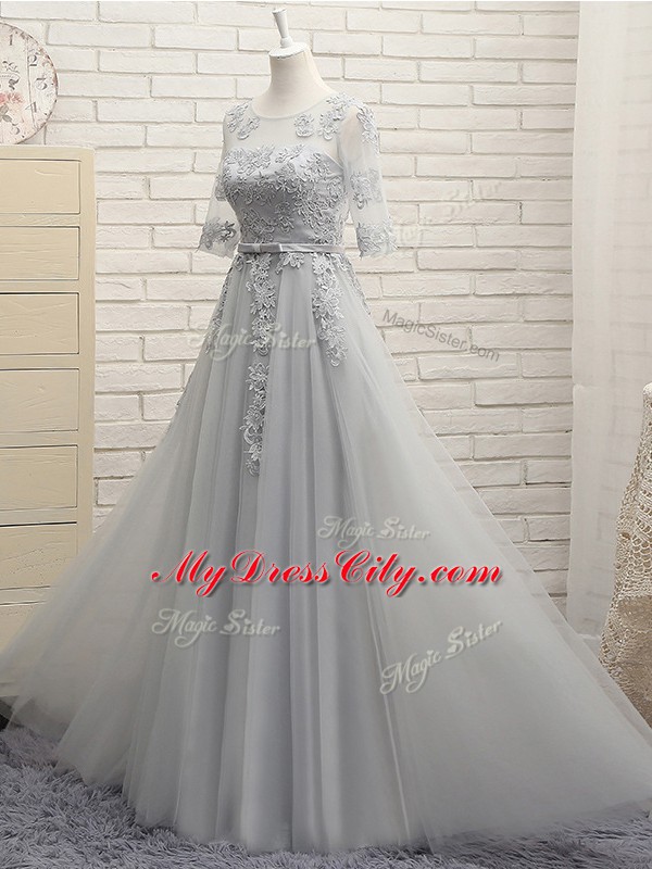 Stylish Tulle Scoop Half Sleeves Lace Up Appliques Dama Dress in Grey