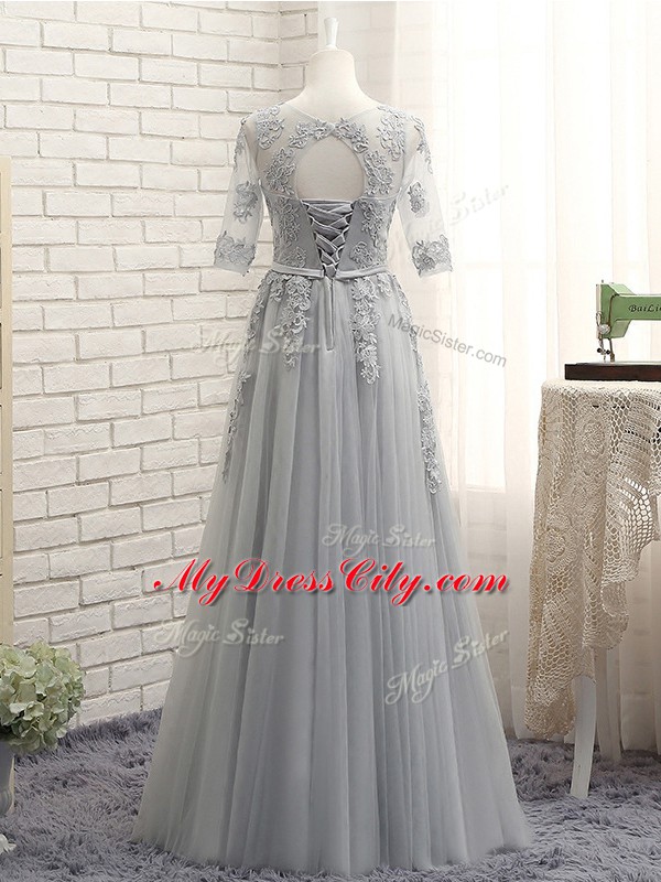 Stylish Tulle Scoop Half Sleeves Lace Up Appliques Dama Dress in Grey