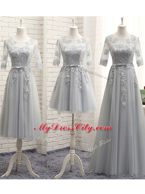 Stylish Tulle Scoop Half Sleeves Lace Up Appliques Dama Dress in Grey