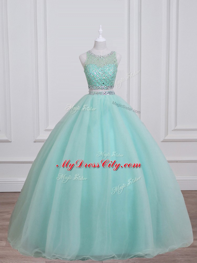 Aqua Blue Lace Up Quinceanera Gowns Beading Sleeveless Floor Length