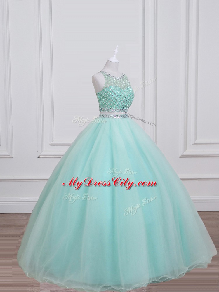 Aqua Blue Lace Up Quinceanera Gowns Beading Sleeveless Floor Length