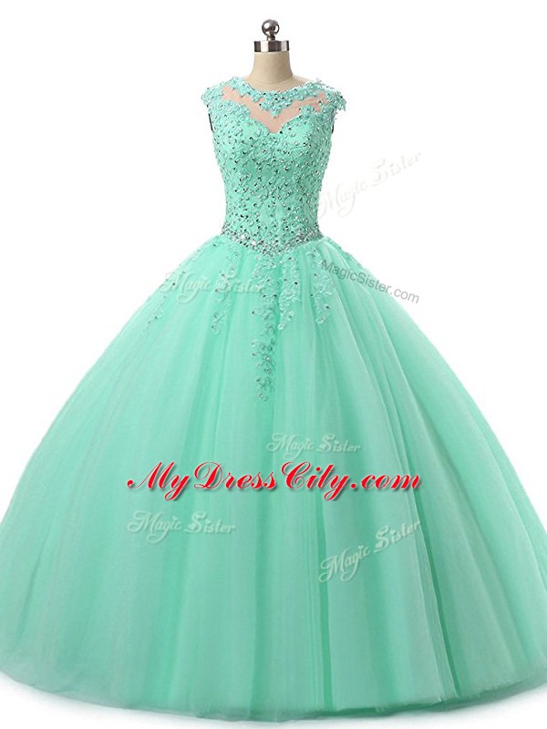 Apple Green Sleeveless Floor Length Beading and Lace Lace Up 15th Birthday Dress