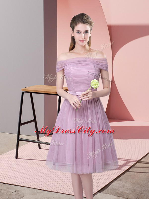 Lavender Court Dresses for Sweet 16 Prom and Party and Wedding Party with Ruching and Belt Off The Shoulder Sleeveless Side Zipper