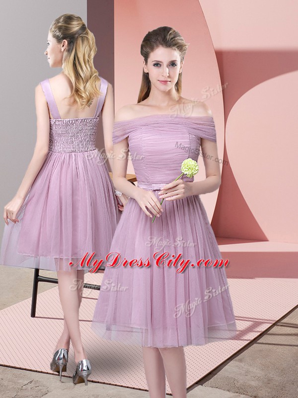 Lavender Court Dresses for Sweet 16 Prom and Party and Wedding Party with Ruching and Belt Off The Shoulder Sleeveless Side Zipper