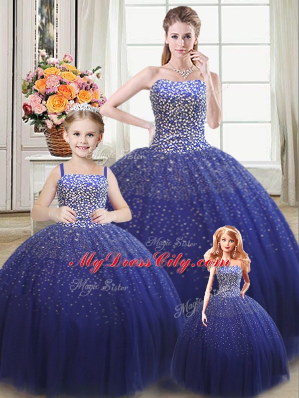 Captivating Tulle Strapless Sleeveless Lace Up Beading Sweet 16 Dress in Royal Blue