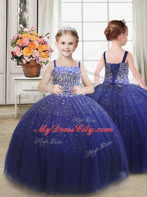 Captivating Tulle Strapless Sleeveless Lace Up Beading Sweet 16 Dress in Royal Blue