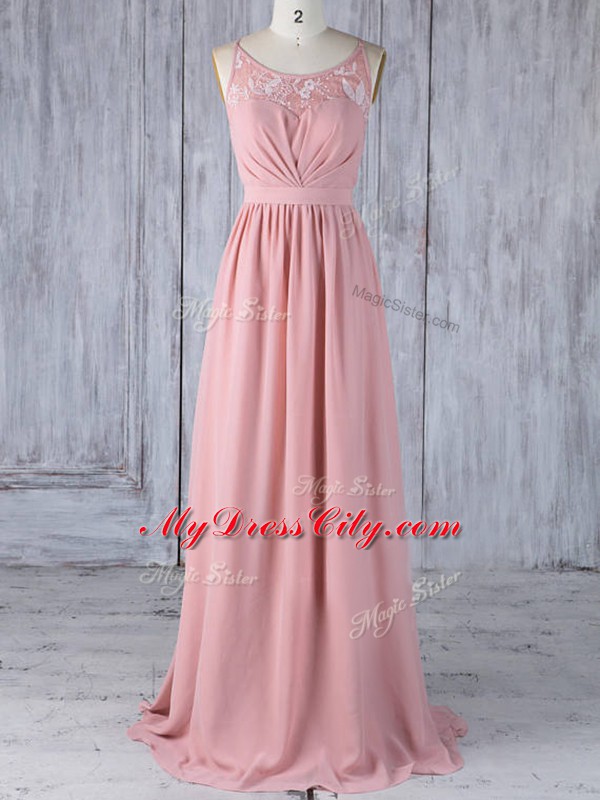 Modest Pink Empire Appliques Wedding Party Dress Criss Cross Chiffon Sleeveless Floor Length