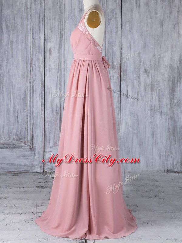 Modest Pink Empire Appliques Wedding Party Dress Criss Cross Chiffon Sleeveless Floor Length