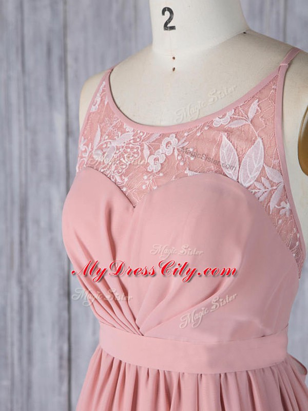 Modest Pink Empire Appliques Wedding Party Dress Criss Cross Chiffon Sleeveless Floor Length