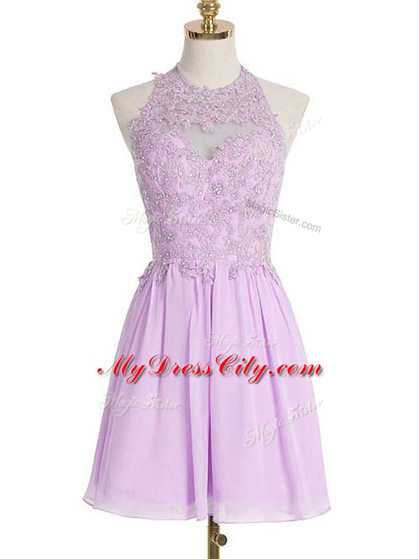 Glamorous Sleeveless Knee Length Appliques Lace Up Wedding Party Dress with Lavender