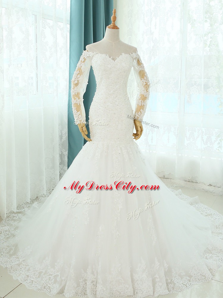 White Tulle Lace Up Wedding Dress Sleeveless Court Train Beading and Appliques