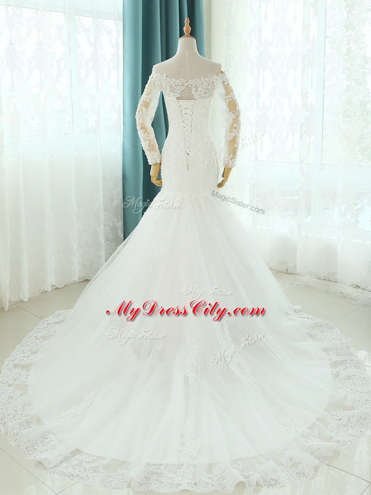 White Tulle Lace Up Wedding Dress Sleeveless Court Train Beading and Appliques