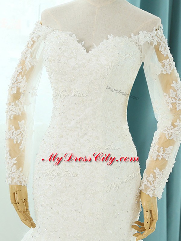 White Tulle Lace Up Wedding Dress Sleeveless Court Train Beading and Appliques