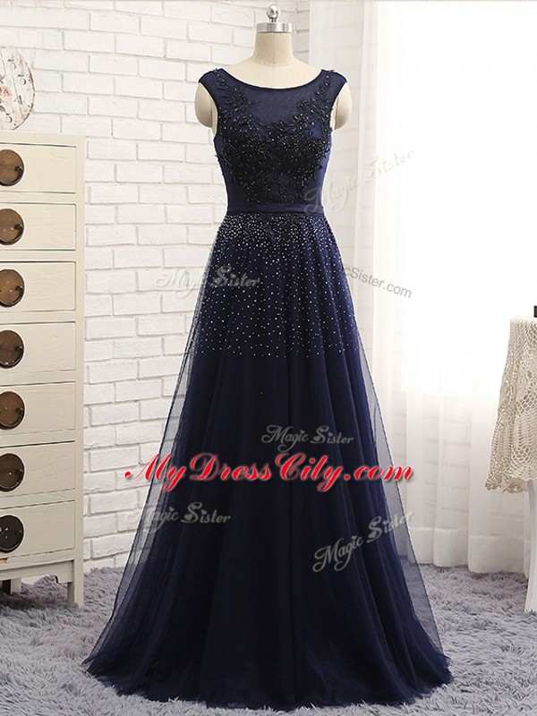 Scoop Sleeveless Mother Dresses Floor Length Beading Navy Blue Tulle