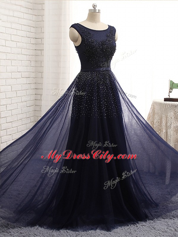 Scoop Sleeveless Mother Dresses Floor Length Beading Navy Blue Tulle