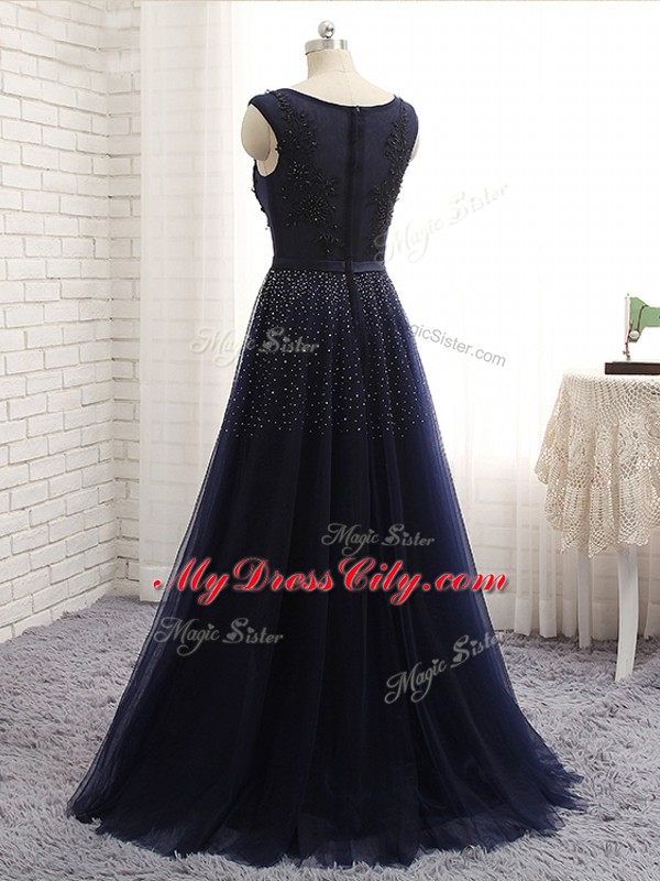 Scoop Sleeveless Mother Dresses Floor Length Beading Navy Blue Tulle