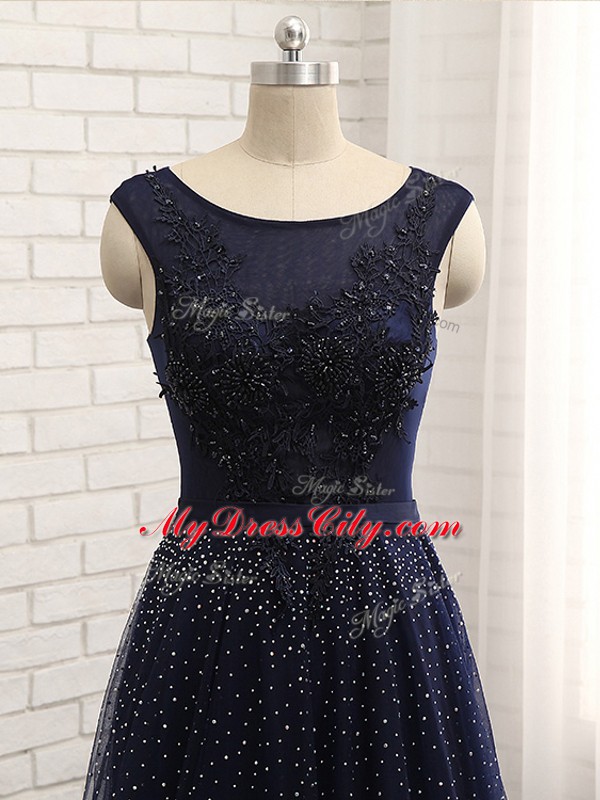 Scoop Sleeveless Mother Dresses Floor Length Beading Navy Blue Tulle