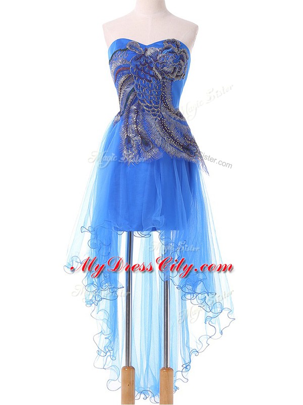 Fashionable High Low Blue Evening Dress Sweetheart Sleeveless Lace Up