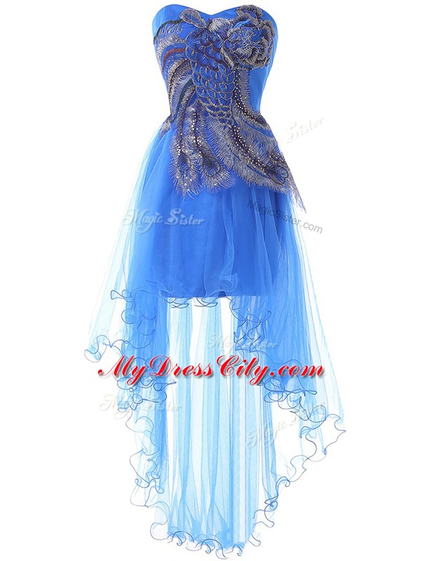 Fashionable High Low Blue Evening Dress Sweetheart Sleeveless Lace Up