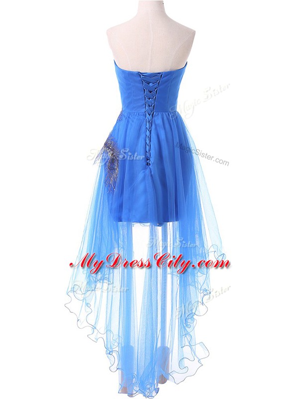 Fashionable High Low Blue Evening Dress Sweetheart Sleeveless Lace Up